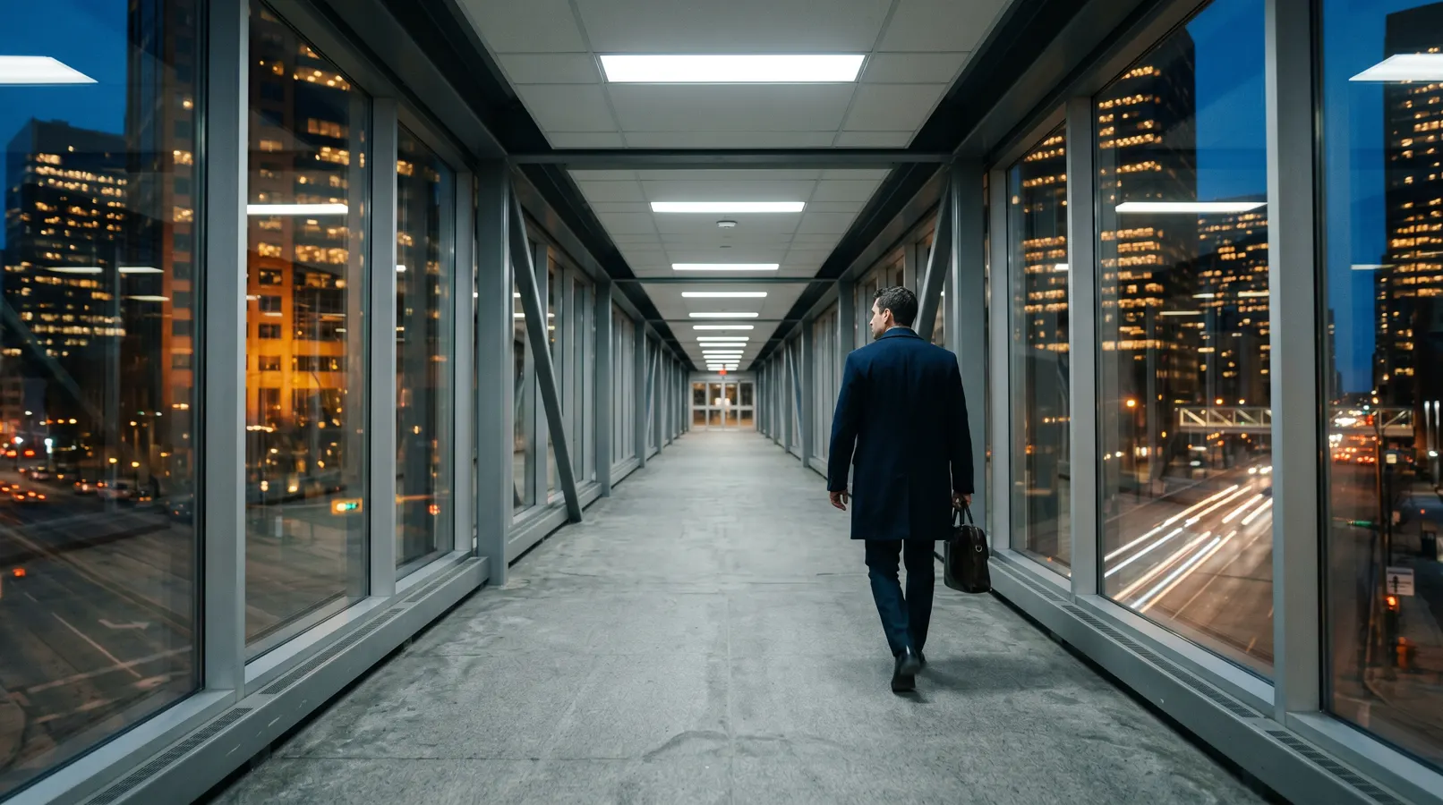 Downtown Calgary +15 skywalk corridor at night